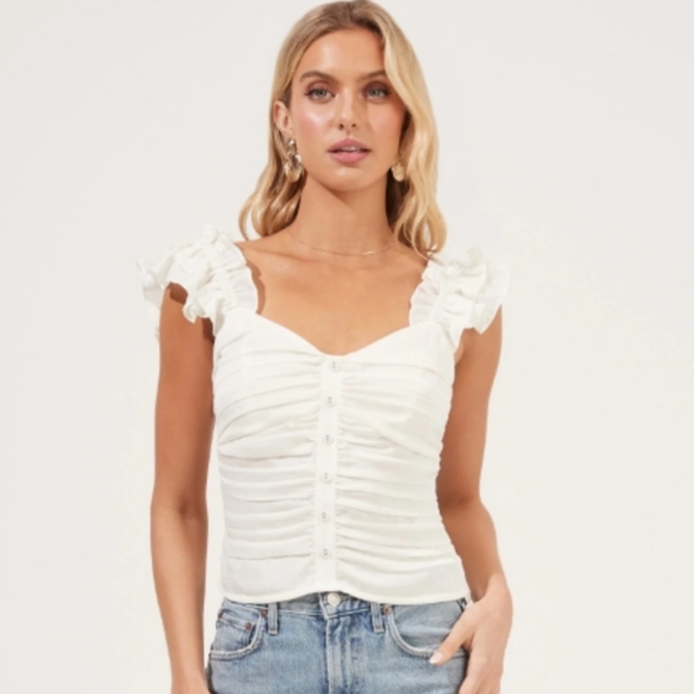 ASTR The Label Ruched Ruffle Shoulder Tank Top